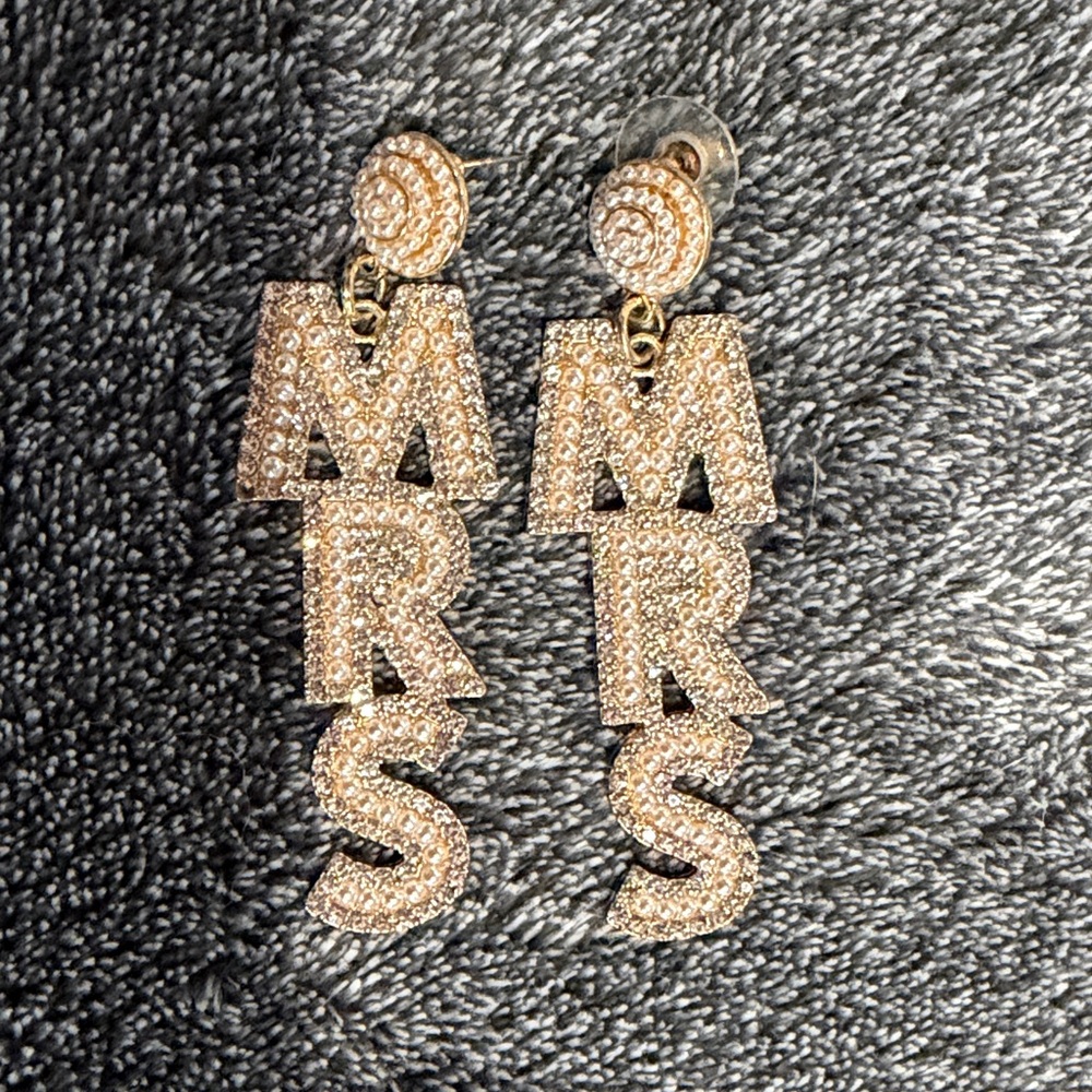 Gold 'MRS' Statement Earrings